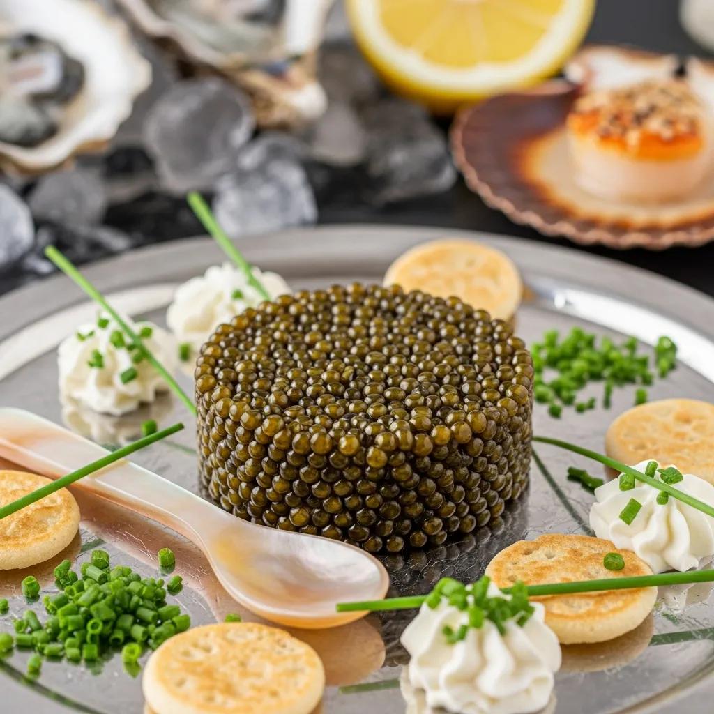 Close-up of Kaluga caviar on a silver platter, showcasing glossy pearls surrounded by chive garnishes, delicate cream dollops, and circular blinis, complemented by lemon and shellfish in the background, highlighting its luxurious presentation for summer dining.
