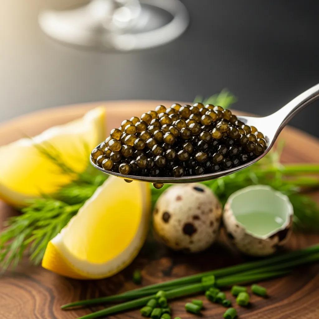 Close-up of Kaluga caviar on a spoon, surrounded by fresh lemon wedges, herbs, and quail egg shells, emphasizing its nutrient-rich profile as a superfood.