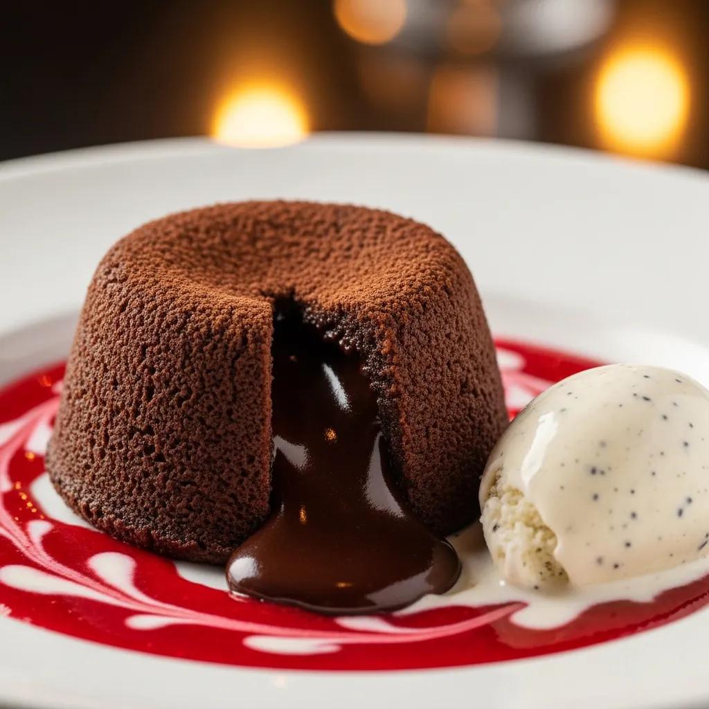 Chocolate lava cake with molten center, surrounded by raspberry coulis and vanilla-bean ice cream, showcasing Kaviar's signature dessert presentation.