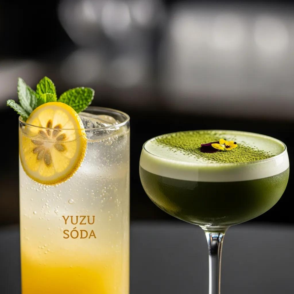 Close-up of Kaviar's signature mocktails featuring a refreshing yuzu soda with lemon and mint garnish, and a matcha cocktail topped with delicate floral accents, emphasizing vibrant colors and intricate garnishes in elegant glassware.