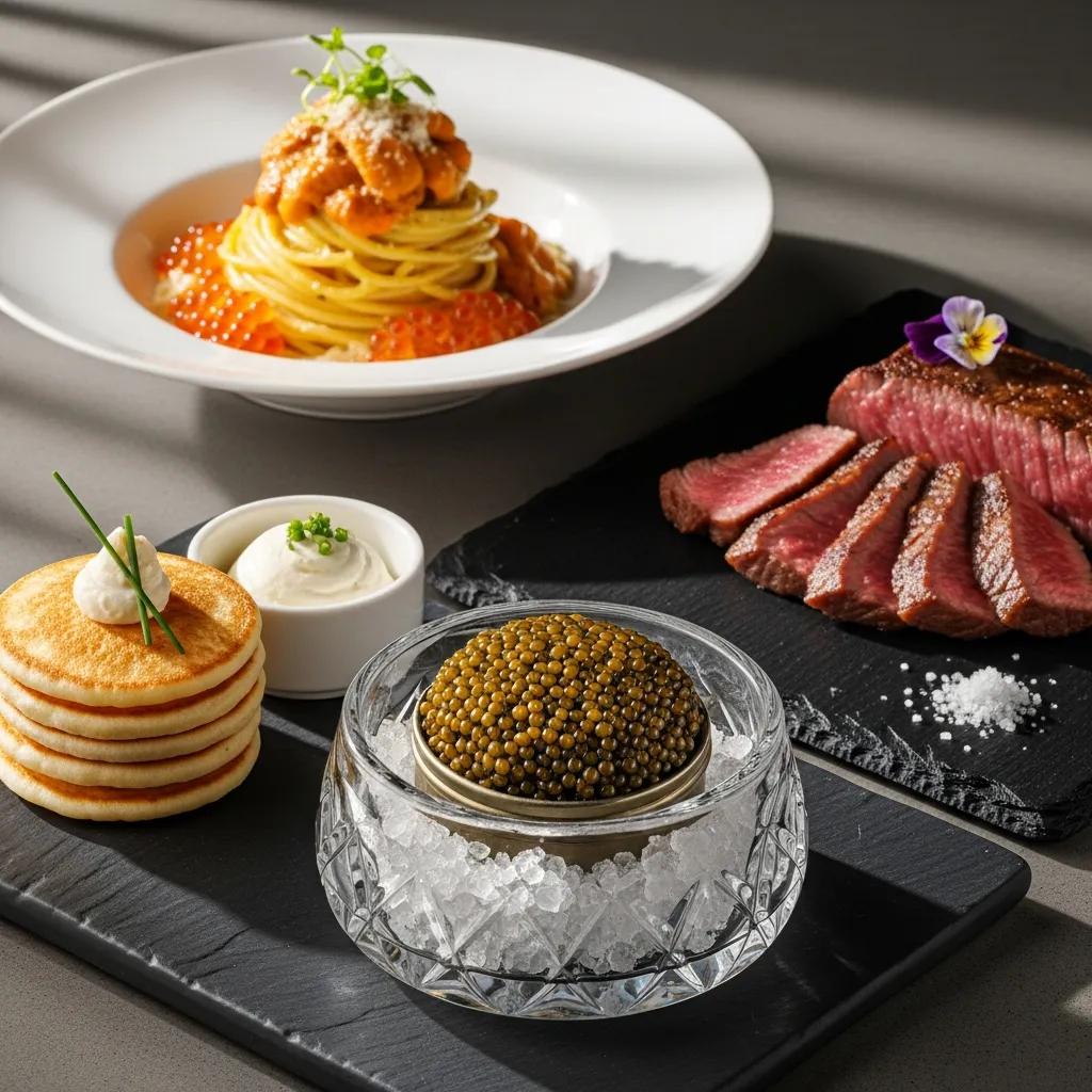 Close-up of Kaviar's signature dishes featuring Kaluga caviar served with blini and cr&egrave;me fra&icirc;che, A5 Wagyu beef striploin, and uni pasta garnished with ikura, showcasing the fusion of Modern European and Japanese culinary styles.