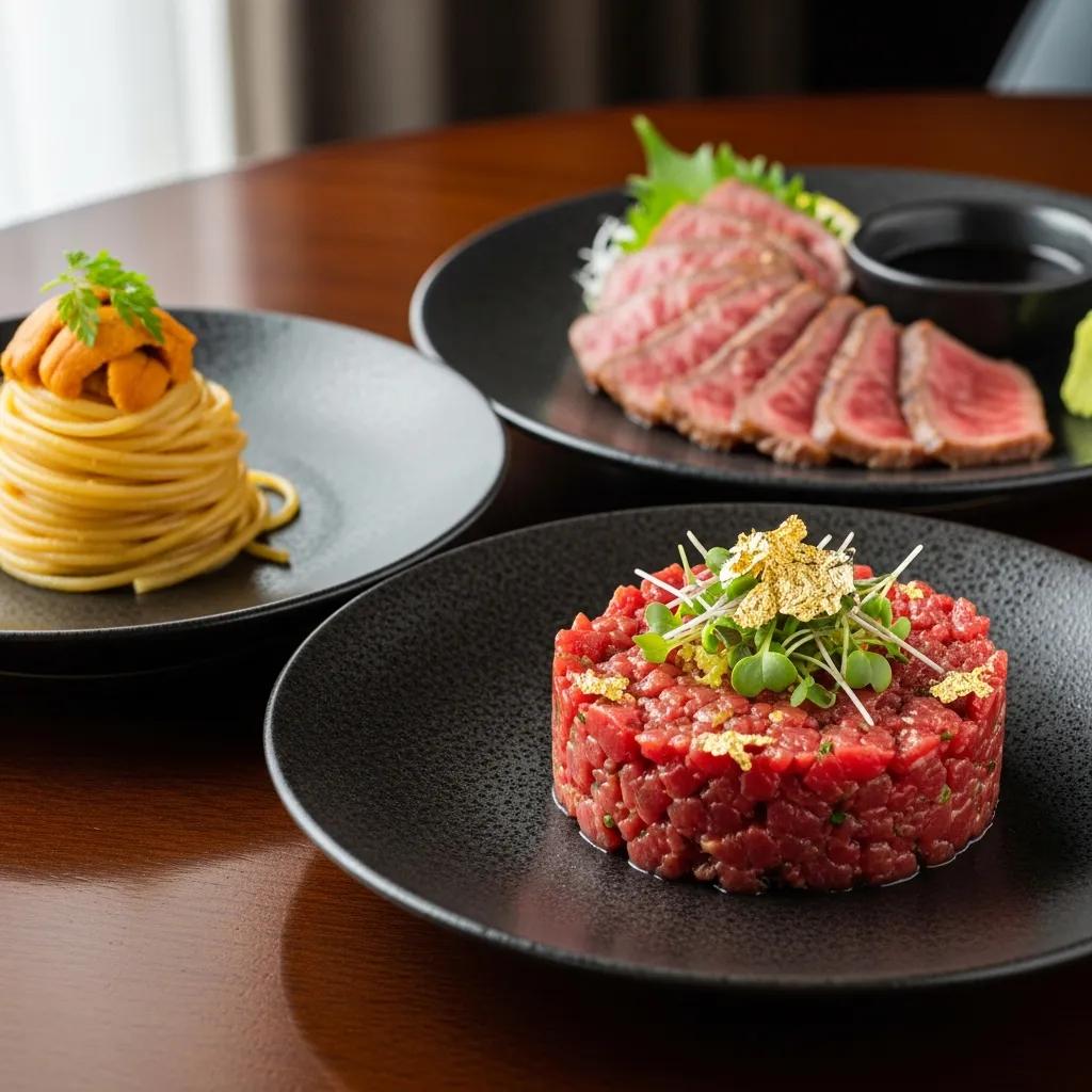 Close-up of Kaviar’s signature dishes highlighting luxury Japanese ingredients and artful plating