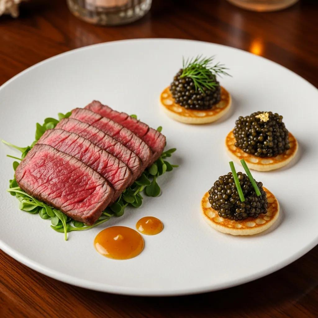 Close-up of Kaviar's holiday courses showcasing A5 Wagyu and caviar-topped canap&eacute;s