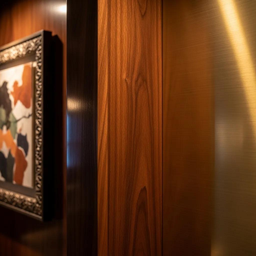 Detail of luxury finishes: lacquered wood and brushed brass accents