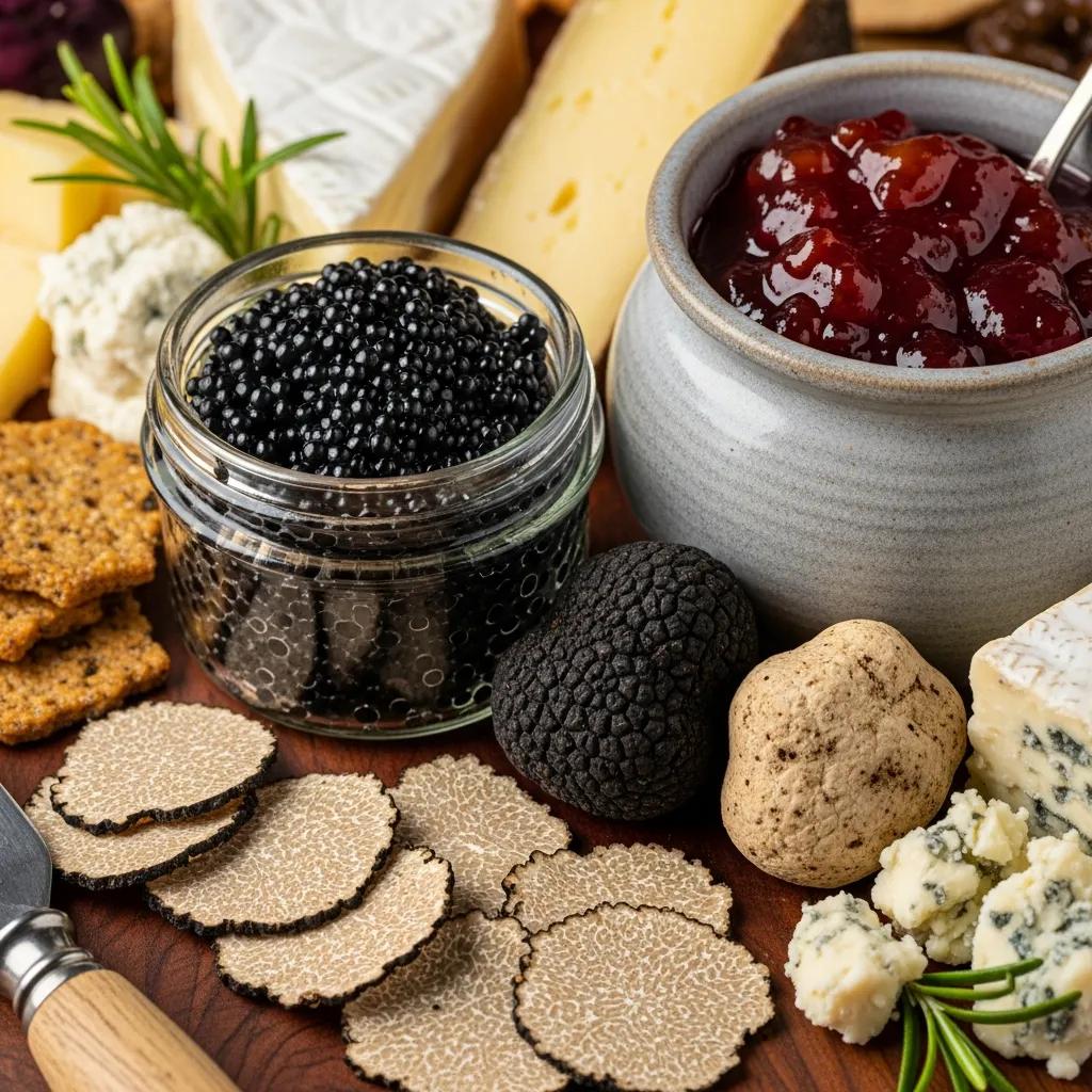 Close-up of caviar, truffle shavings and complementary accompaniments on a cheese board
