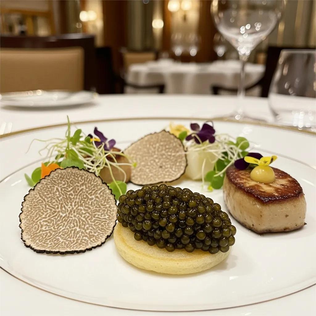Close-up of luxury ingredients including caviar, truffles, and foie gras presented on a fine dining plate, garnished with microgreens and edible flowers, highlighting French culinary heritage and premium dining experiences at Kaviar Restaurants.