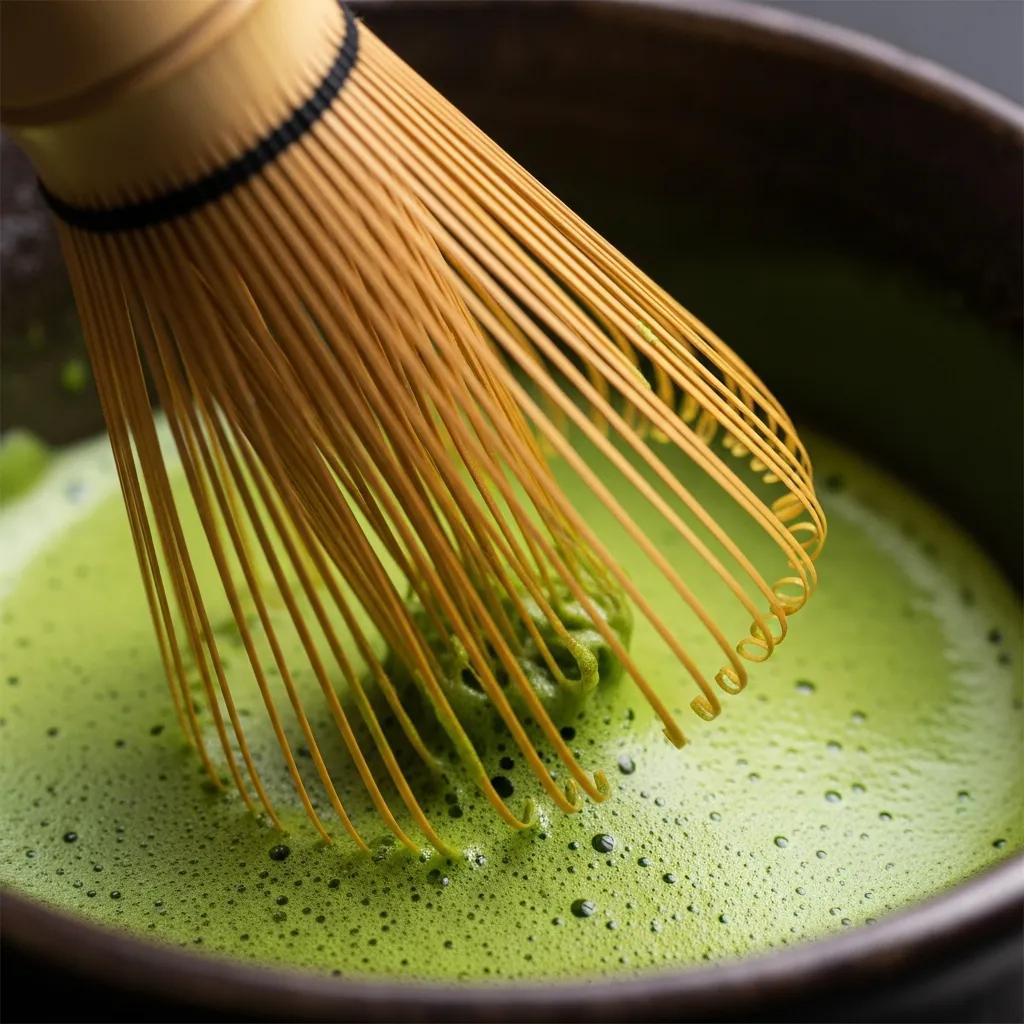 Close-up of matcha preparation showing whisk technique and vibrant green tea
