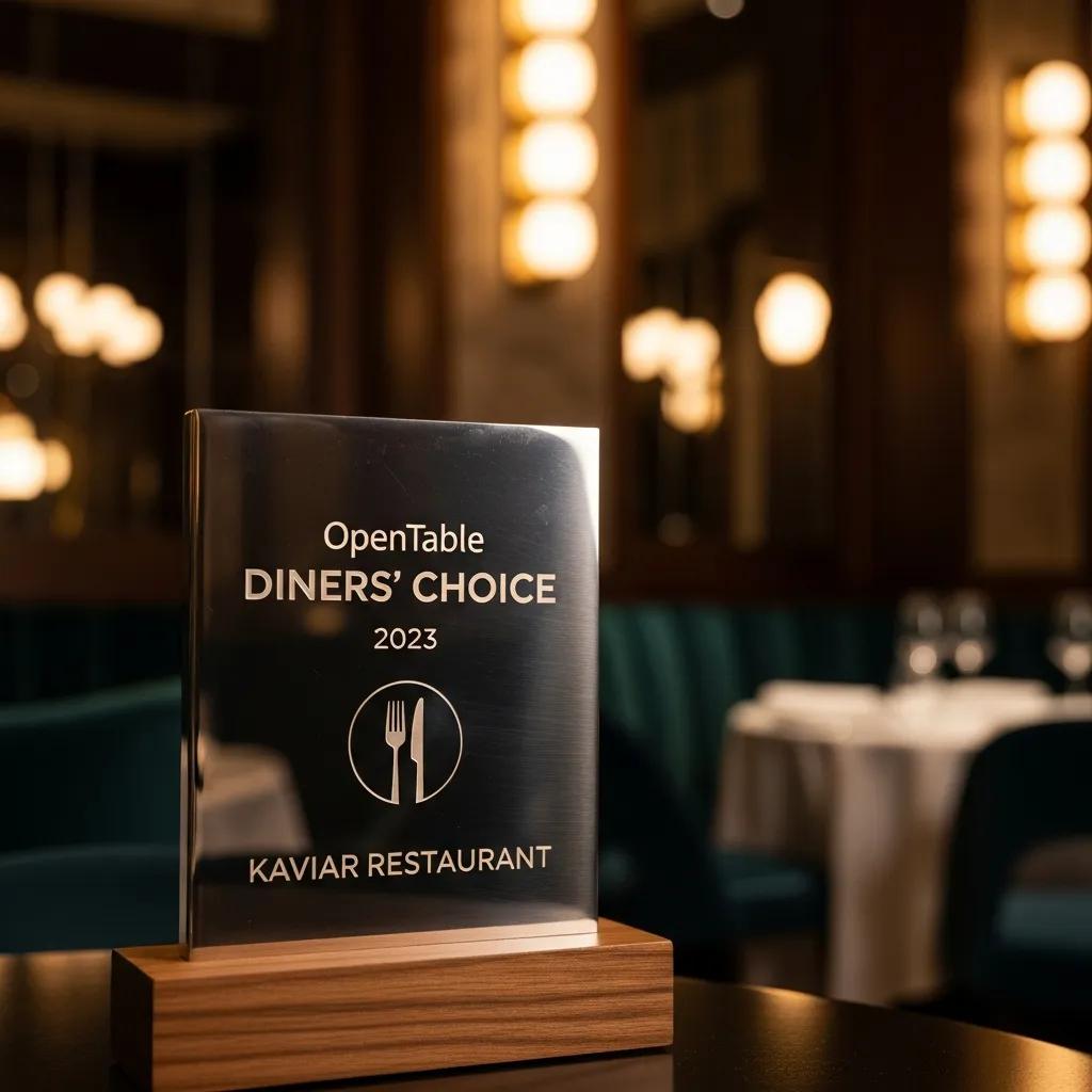 Detail of an OpenTable Diners' Choice plaque displayed at Kaviar, signaling guest recognition