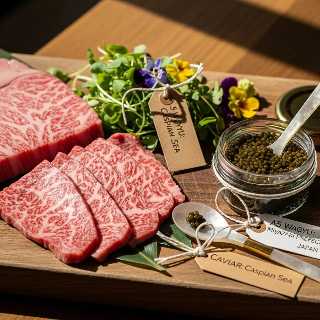 Close-up of A5 Wagyu and select caviar presented with understated elegance