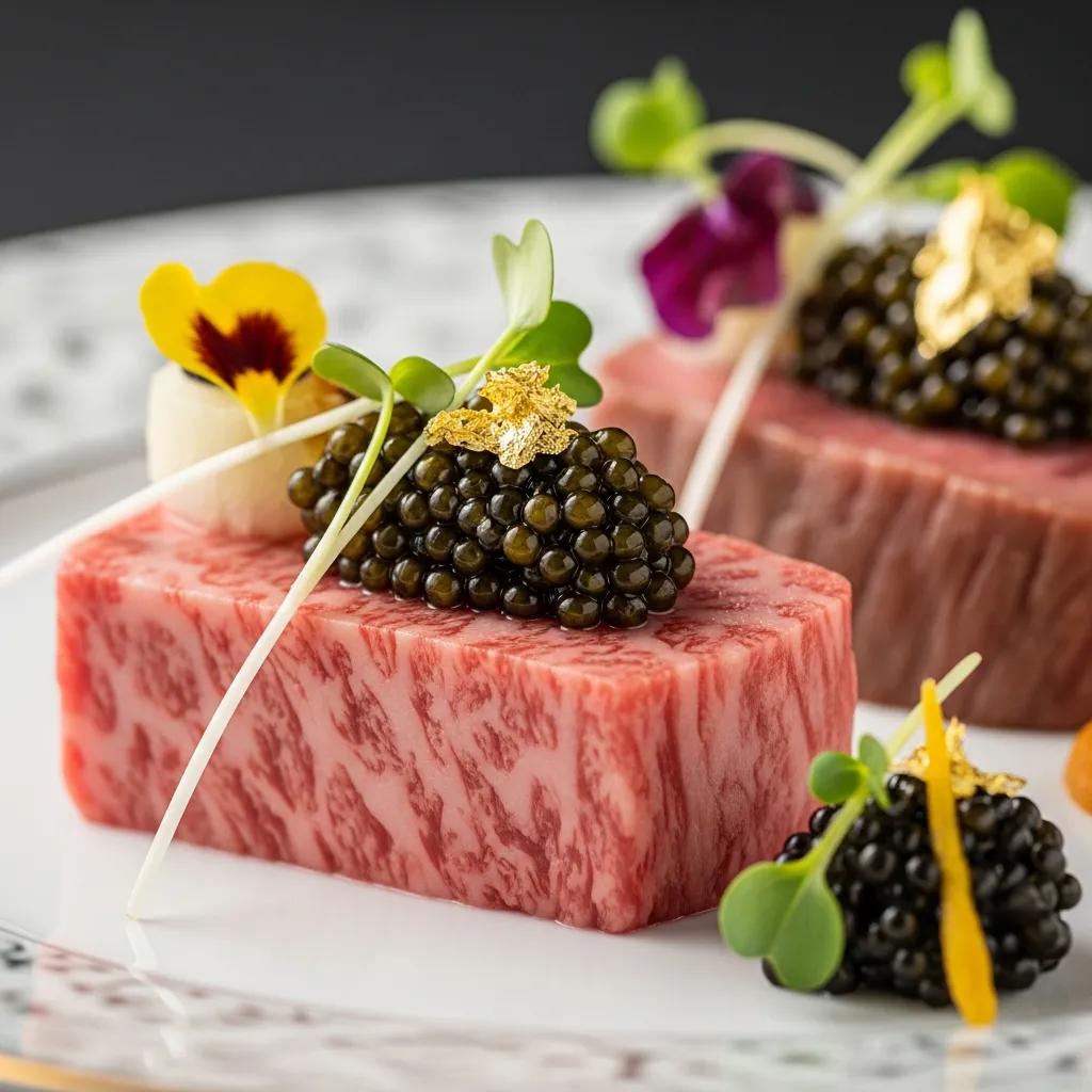 Close-up of premium A5 Wagyu beef topped with caviar, garnished with edible flowers and microgreens, showcasing luxury dining ingredients at Kaviar restaurant.