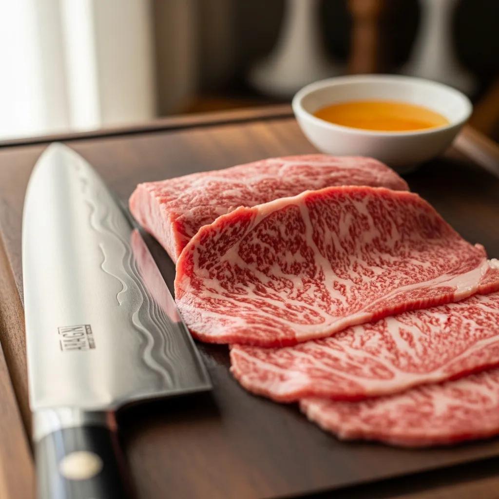 Premium A5 Wagyu prepared for lunch &mdash; visible marbling and careful plating