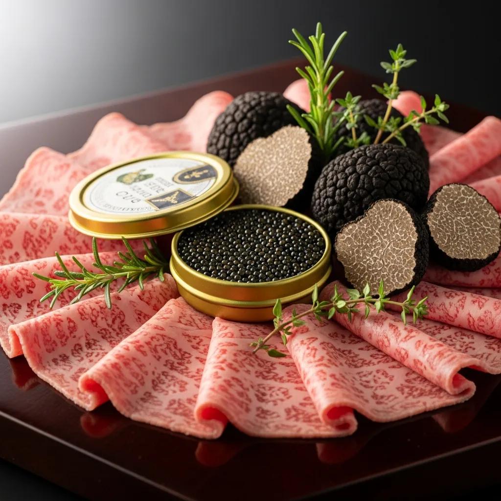 Close-up of premium fine dining ingredients featuring A5 Wagyu beef slices, caviar in a golden tin, and black truffles, garnished with fresh herbs, highlighting luxury culinary elements in fine dining.