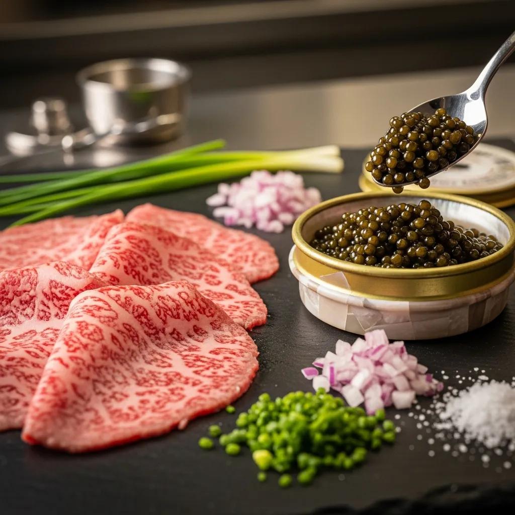 Close-up of premium A5 Wagyu beef slices and caviar being prepared, with fresh green onions, diced red onions, and salt on a black slate surface, highlighting luxury ingredients for curated dining experiences.