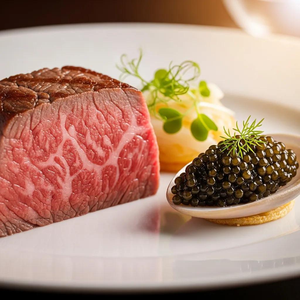 Close view of A5 Wagyu and caviar&mdash;their marbling, sheen, and bead texture read as luxury on the plate