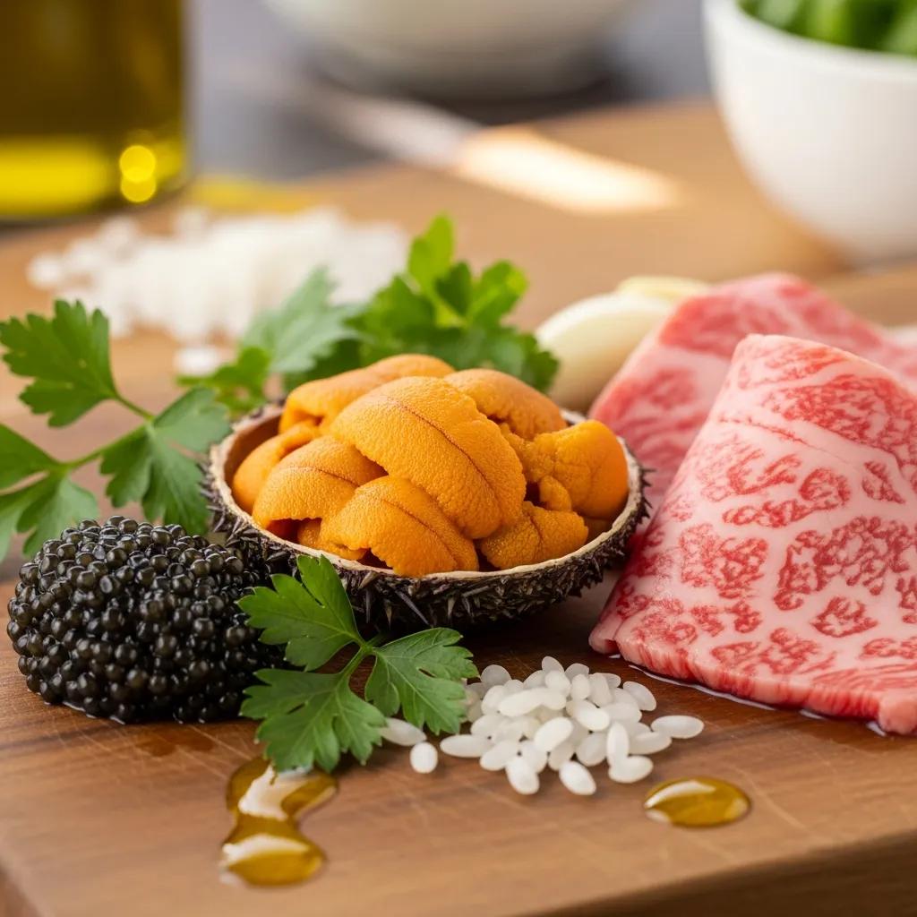 Premium ingredients for risotto including uni, caviar, A5 wagyu, fresh herbs, and rice on a wooden board, emphasizing luxury and culinary artistry.