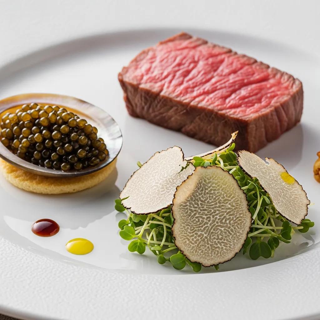 Close-up of a fine dining plate featuring A5 Wagyu beef, Kaluga caviar on a crisp base, and shaved white truffles atop microgreens, garnished with sauces.
