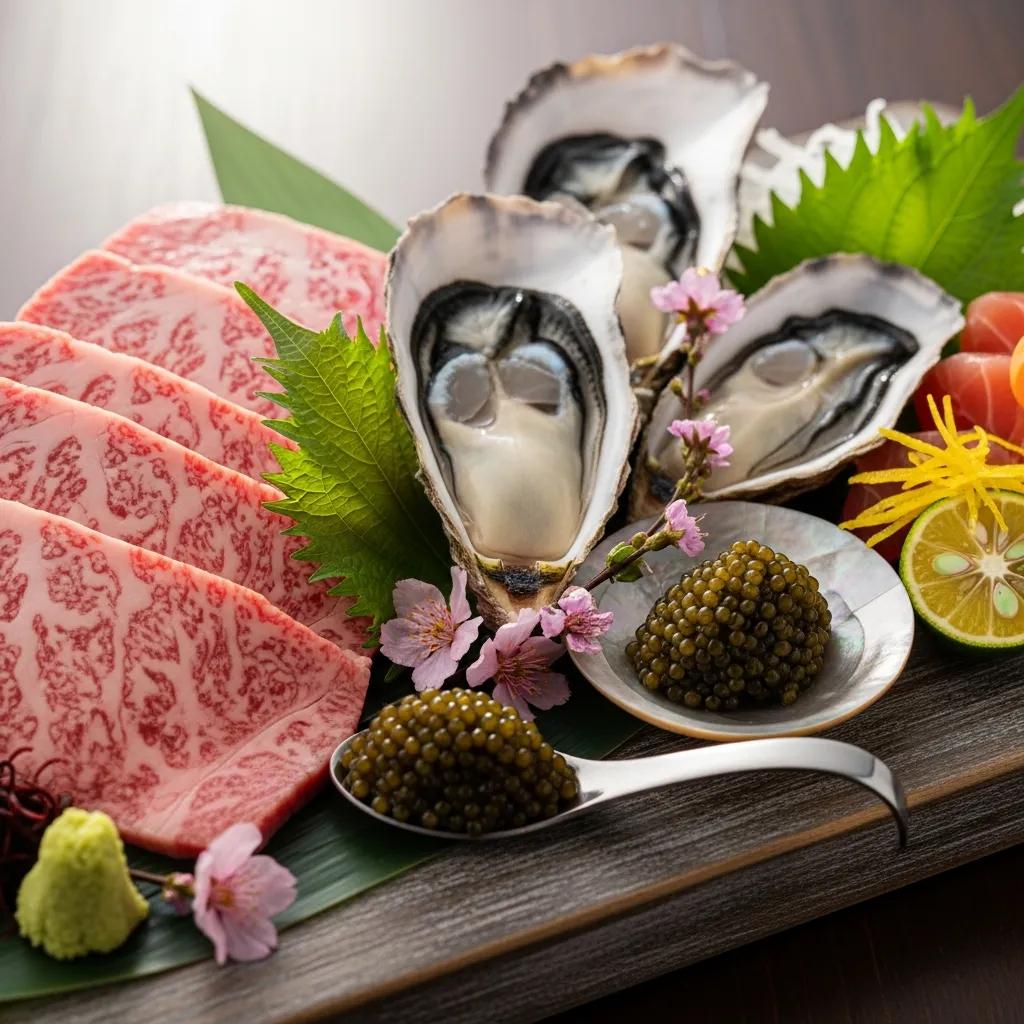 Close-up of premium Japanese ingredients including Miyazaki A5 Wagyu, seasonal oysters, Kaluga caviar, and garnishes like wasabi and lemon, presented artfully on a wooden platter with decorative flowers and leaves.