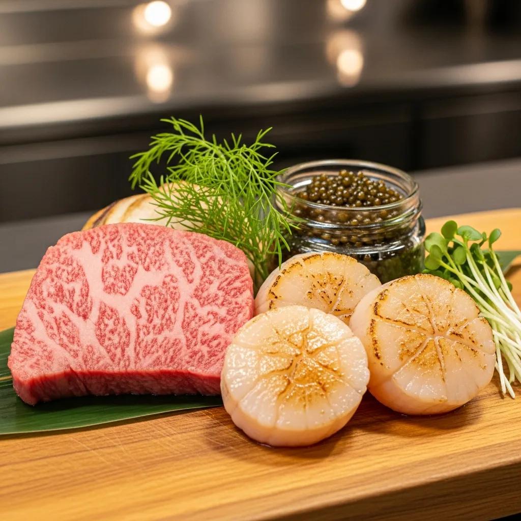 Close-up of A5 Wagyu and Hokkaido scallops—ingredients featured in our daily specials