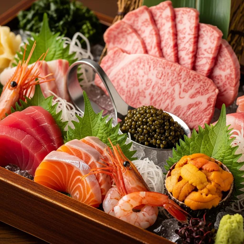 Close-up of A5 Wagyu, Kaluga caviar, and seasonal seafood used in Kaviar's small-group tastings