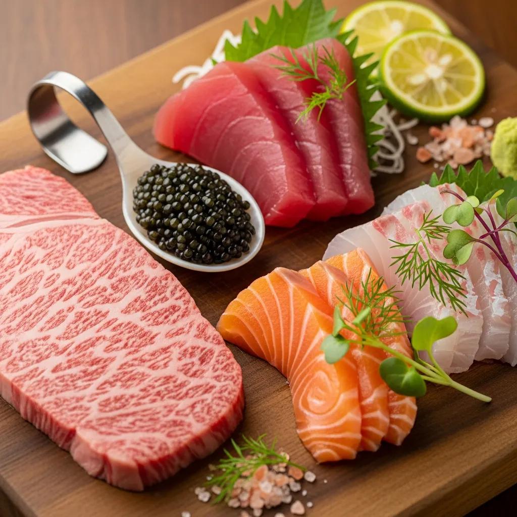 A5 Wagyu, caviar and sashimi‑grade fish arranged on a board