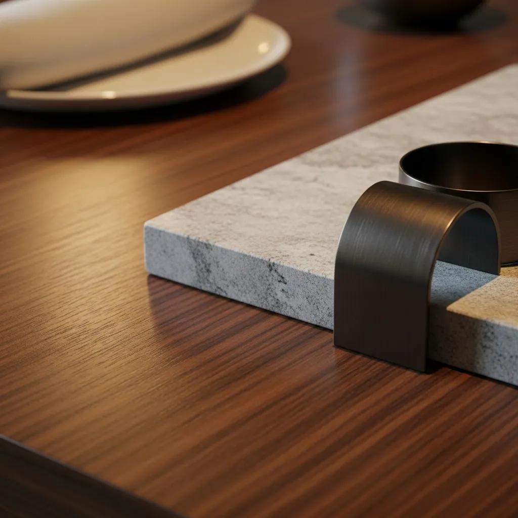 Close-up of premium materials in Kaviar's interior, featuring warm wood grains, honed stone, and matte metal accents, enhancing the tactile luxury and minimalistic design for an intimate dining experience.
