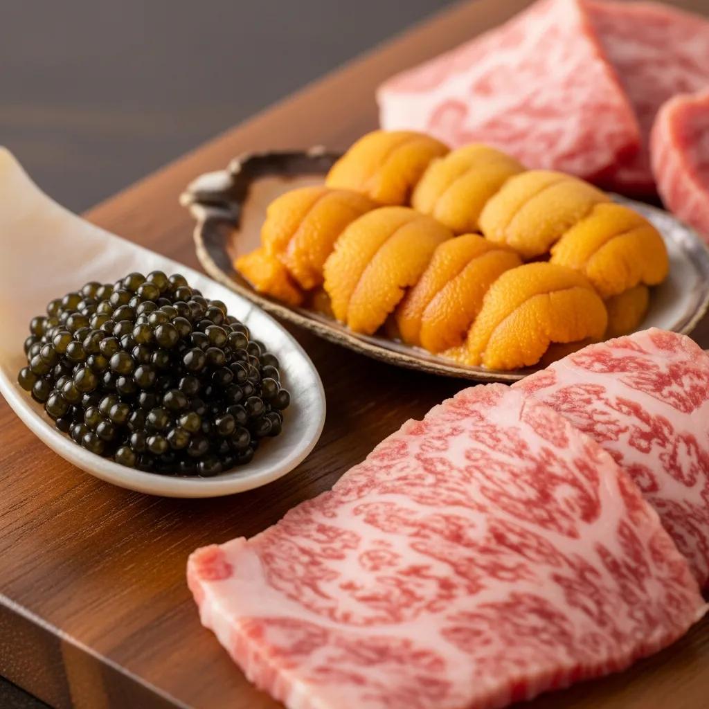 Close-up of premium seafood ingredients including Kaluga caviar, Japanese uni, and A5 Wagyu, presented on a wooden platter, highlighting luxury dining elements.