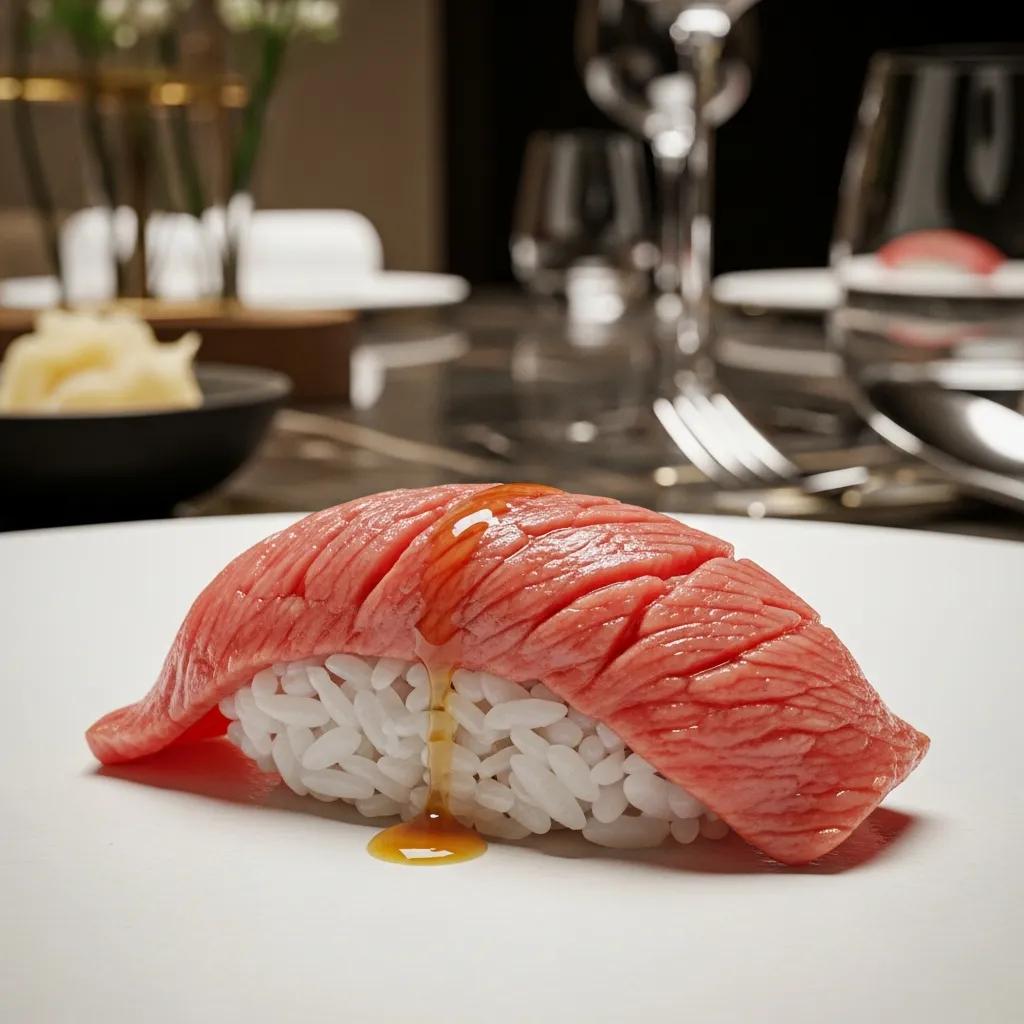 Seared A5 Wagyu nigiri presented at the Kaviar counter, highlighting refined plating