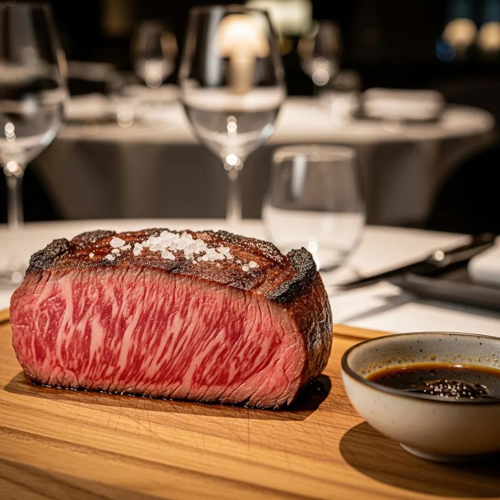 Seared A5 Wagyu at Kaviar, showing fine marbling and refined presentation