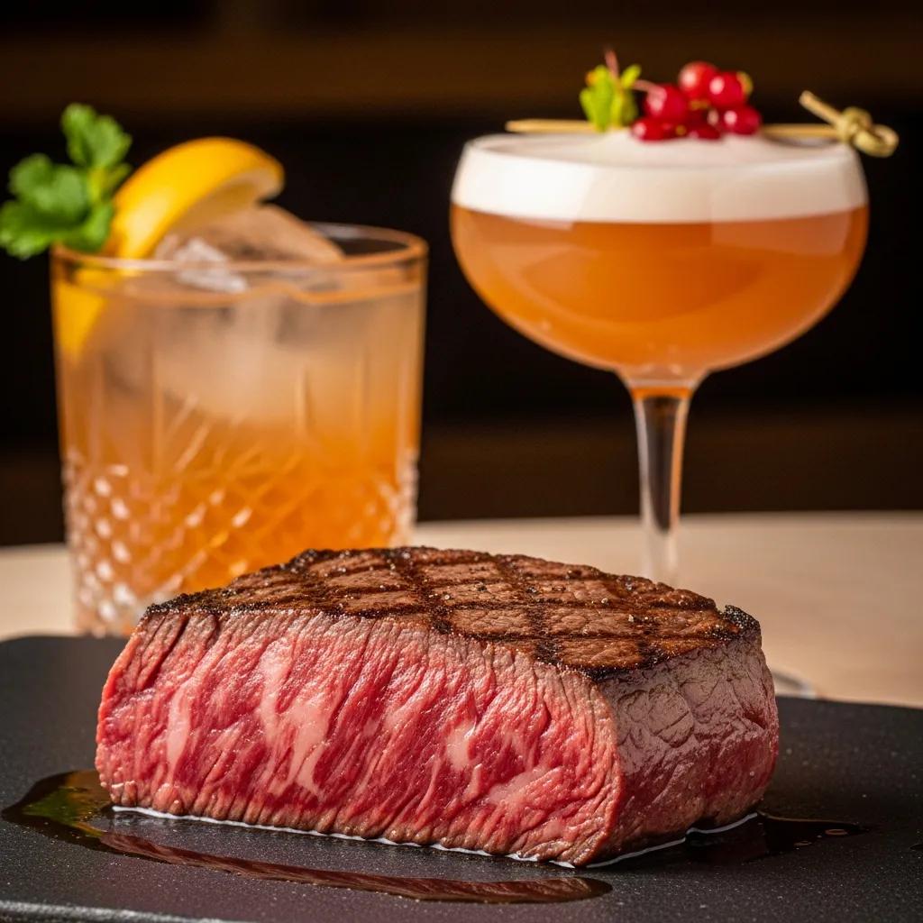 Close-up of seared A5 Wagyu steak with rich marbling, paired with a whiskey cocktail and a sake-based drink, emphasizing luxury and harmonious flavor pairing in fine dining.