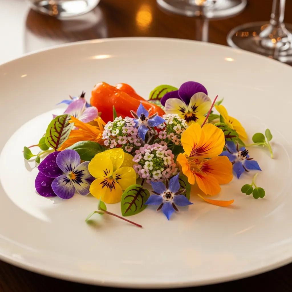 Close-up of seasonal edible flowers on a plated dish highlighting freshness and color