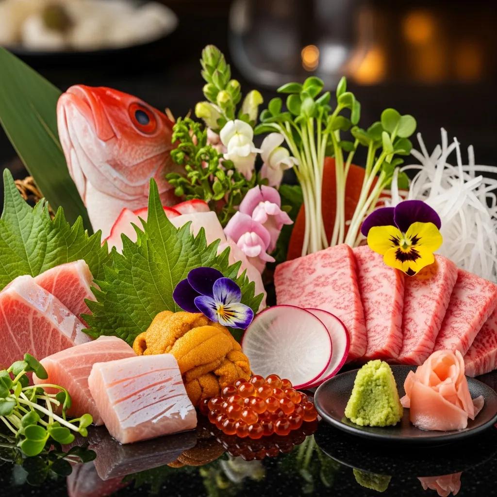 Close-up of seasonal ingredients for Kaviar's omakase menu, featuring fresh sashimi, vibrant garnishes, and premium Miyazaki A5 Wagyu, highlighting the restaurant's focus on quality and culinary artistry.