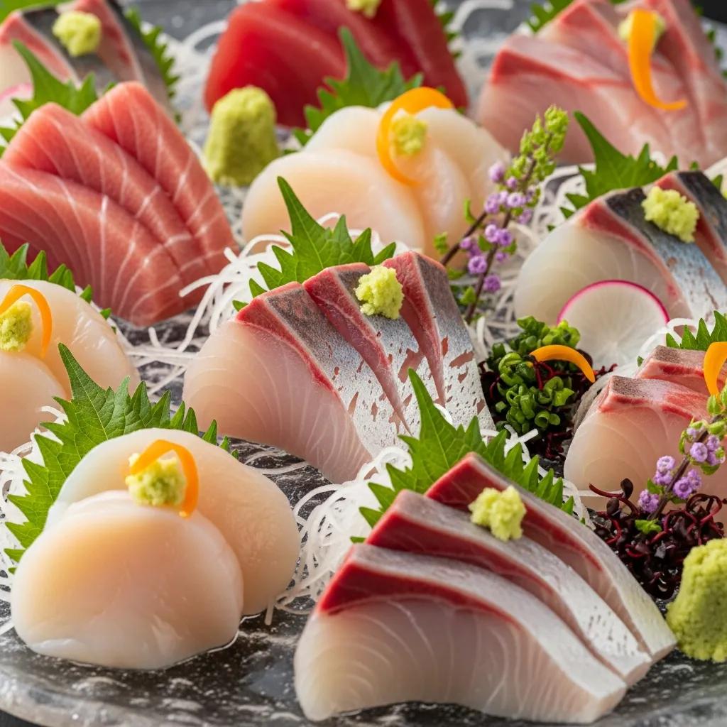 Close-up of seasonal sashimi selection featuring fresh scallops and various seasonal fish garnished with microgreens and citrus, highlighting the essence of Kaviar's spring menu.