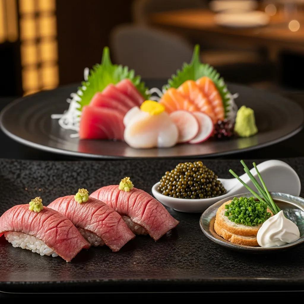 A5 Wagyu nigiri with wasabi, Kaluga caviar, and assorted sashimi including tuna and salmon, highlighting premium ingredients and elegant presentation at Kaviar Restaurants' omakase experience.