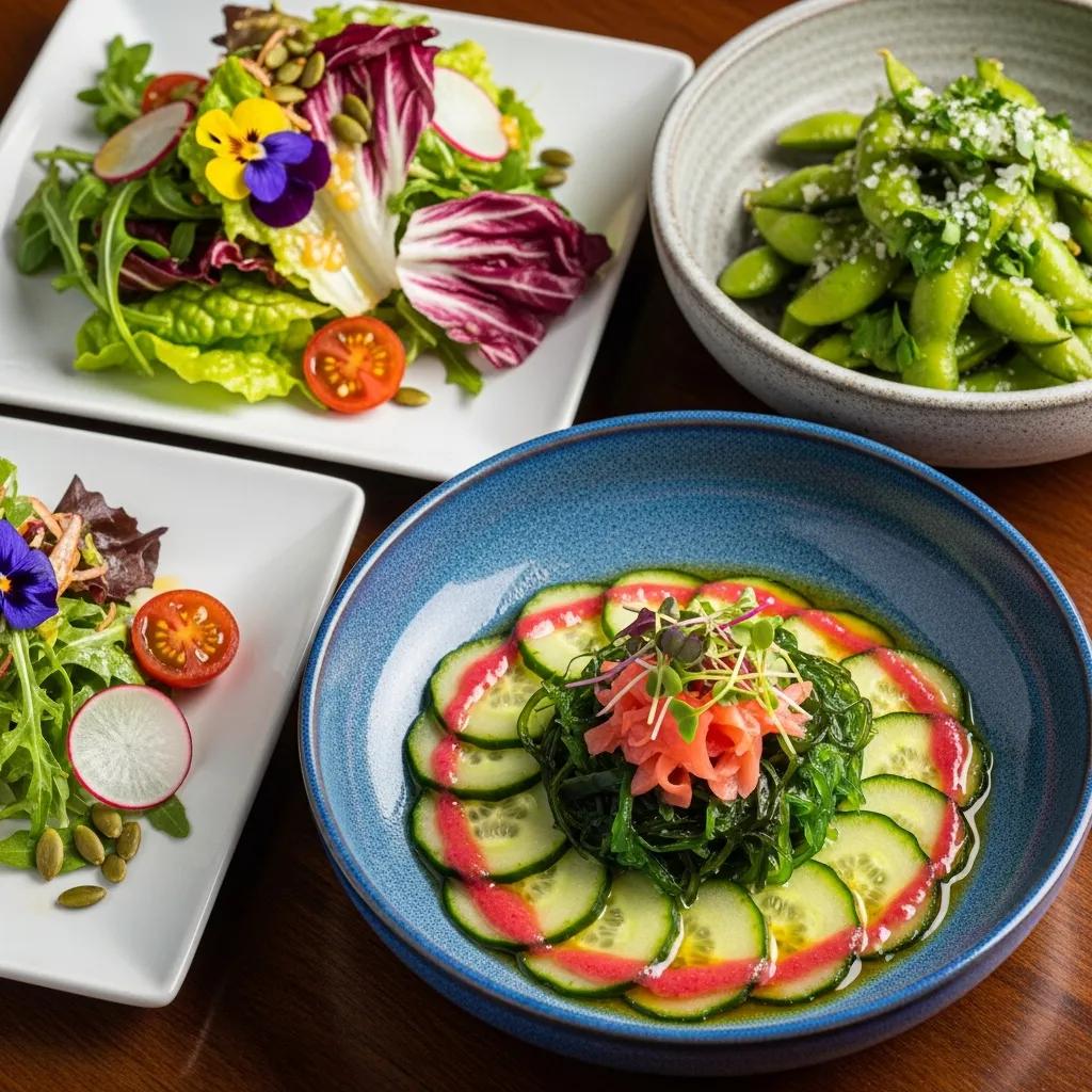 Close-up of vibrant plant-based dishes featuring layered cucumber slices, seaweed, and pickled ginger, alongside mixed salads with edible flowers and cherry tomatoes, showcasing Kaviar's gourmet vegetarian presentation.