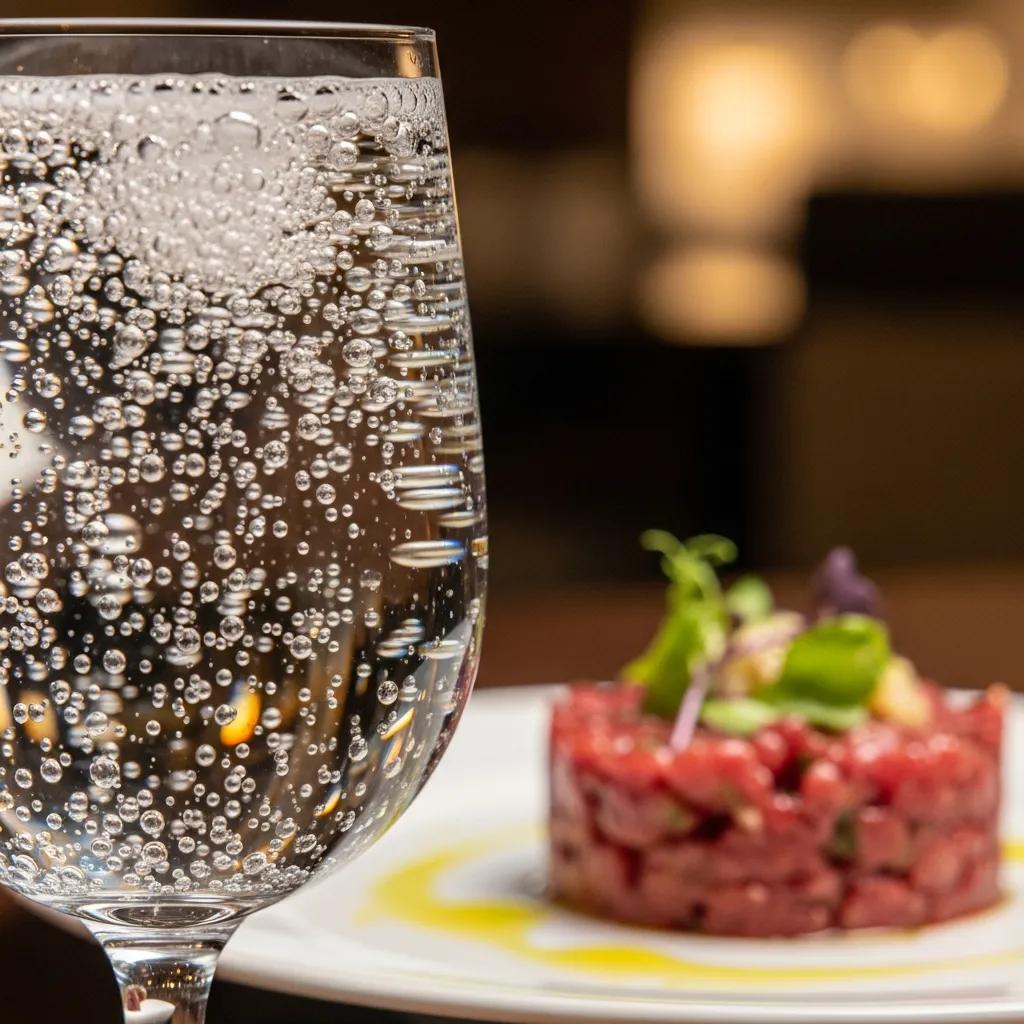 Close-up of sparkling water glass showcasing effervescence, paired with A5 Wagyu tartare featuring rich texture and vibrant garnishes, illustrating water's role in enhancing flavors in fine dining.