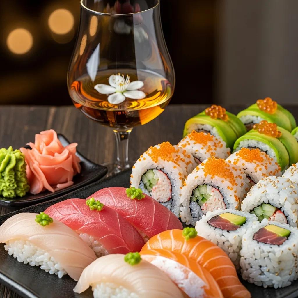 Sushi platter paired with a floral Japanese whisky to highlight delicate flavor pairing