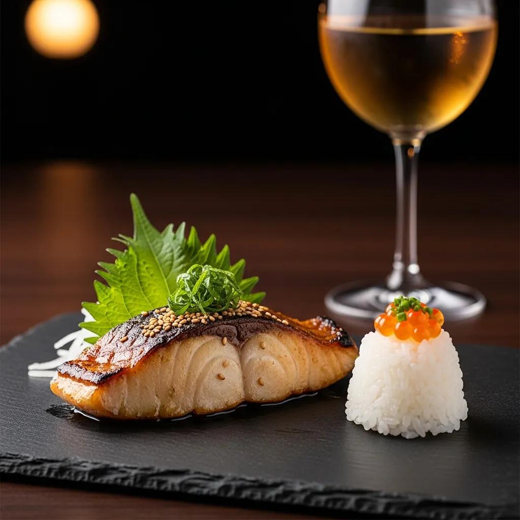Close-up of a savory Japanese dish paired with wine, focusing on umami balance