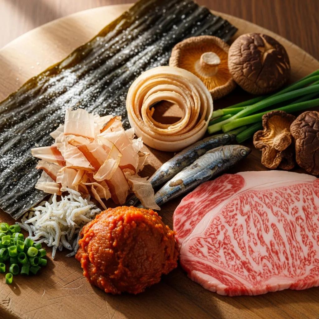 Close‑up of kombu, katsuobushi, miso and A5 Wagyu showing textures and colors of umami‑rich ingredients