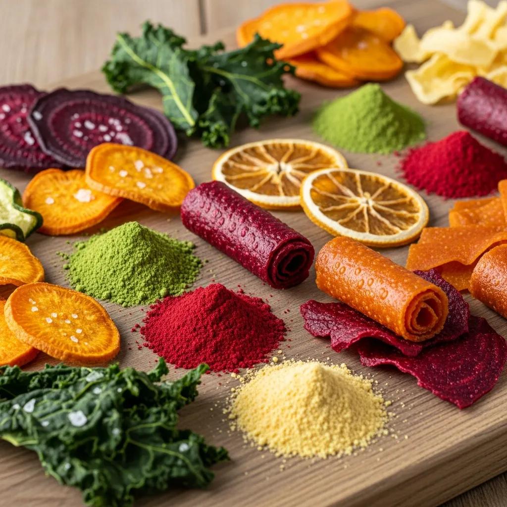 Assortment of dehydrated textures — vegetable crisps, fruit leathers and powders — displayed on a wooden board