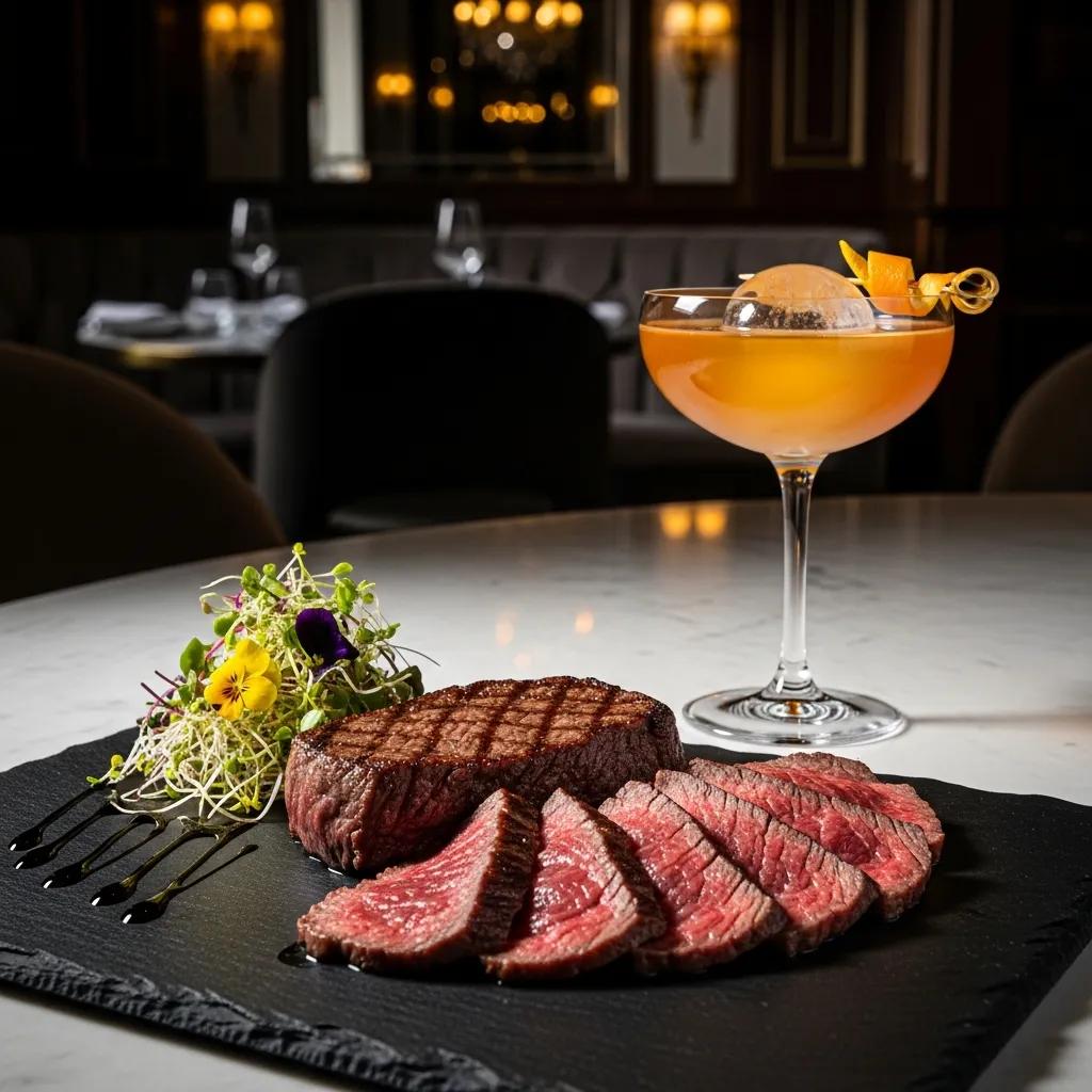 A cocktail paired tableside with an A5 Wagyu course, illustrating balanced flavor harmony