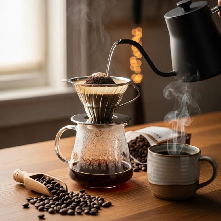 Coffee brewing setup with pour-over maker, ground coffee, and steaming cup, showcasing home barista craftsmanship
