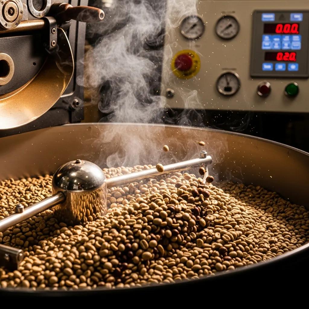 A roaster at work as green beans darken, illustrating flavor development during roasting