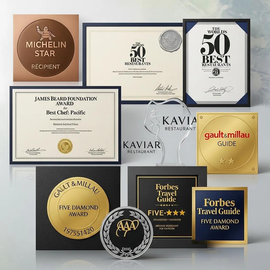 Collage of culinary awards and recognitions for Kaviar Restaurant, featuring Michelin Star, James Beard Foundation Award, and Gault & Millau accolades, emphasizing excellence in Japanese fine dining and omakase experiences.