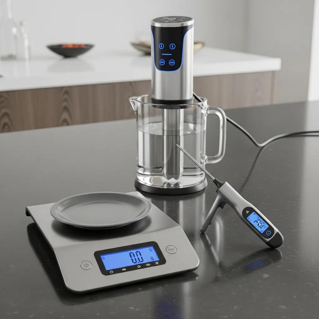 Digital kitchen scale and instant-read thermometer displayed on a clean modern countertop