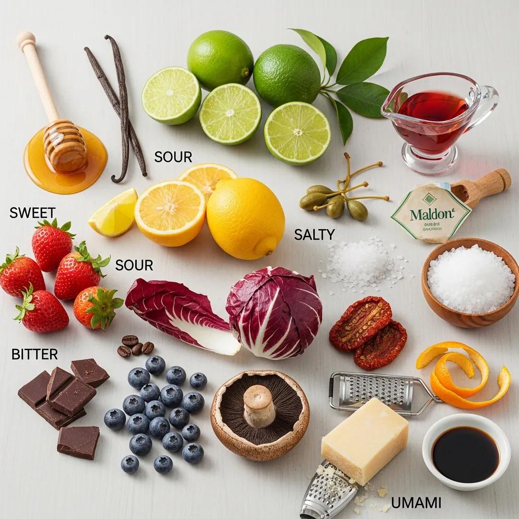 Colorful arrangement of ingredients representing the five basic tastes: sweet honey, sour limes and lemons, salty Maldon salt, bitter chocolate and radicchio, umami-rich mushrooms and parmesan, illustrating flavor pairing principles in fine dining.