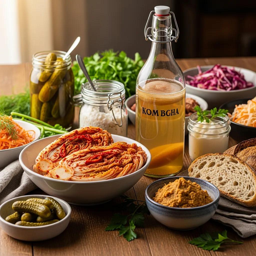 Colorful assortment of fermented foods like kimchi, kombucha, and miso on a wooden table, emphasizing culinary exploration and health benefits