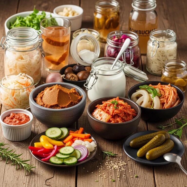 Colorful assortment of fermented foods including kimchi, miso, yogurt, pickles, and fresh vegetables, highlighting health benefits and culinary diversity in modern cuisine.