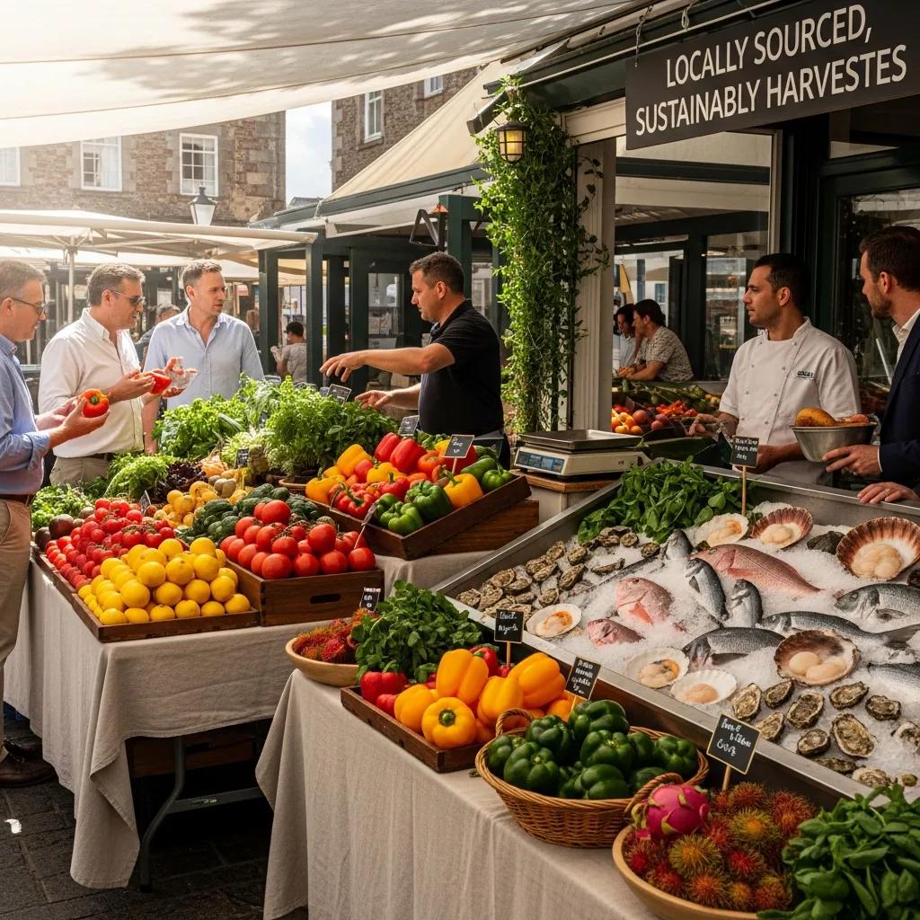 Colorful market scene featuring fresh, locally sourced produce and seafood, highlighting sustainable harvesting practices; chefs and customers engaging in conversation about ingredients.