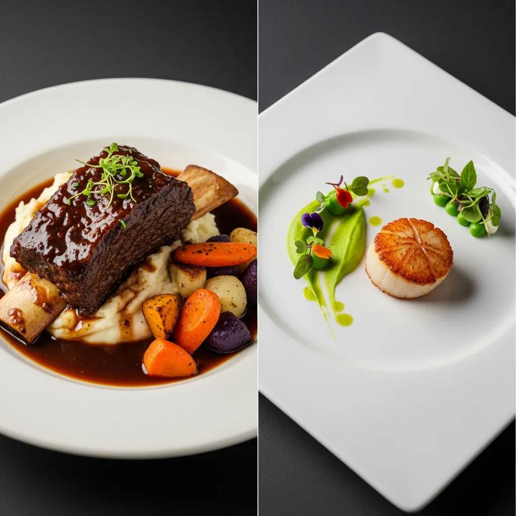Comparison of bistro and fine dining dishes: hearty braised beef with mashed potatoes and seasonal vegetables alongside an elegantly plated scallop with pea puree and microgreens.