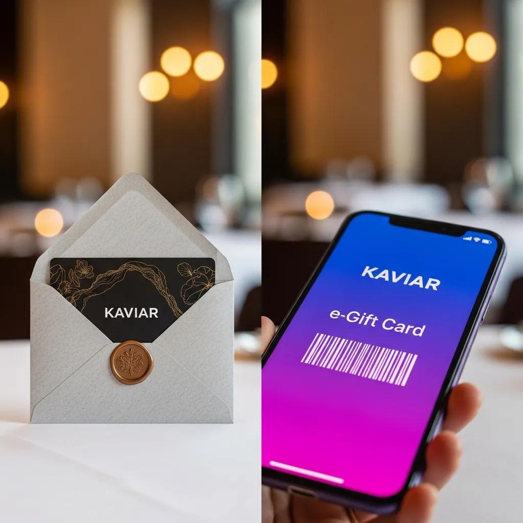 Kaviar physical gift card in elegant envelope and e-gift card displayed on smartphone, showcasing luxury presentation and digital convenience for fine dining experiences.